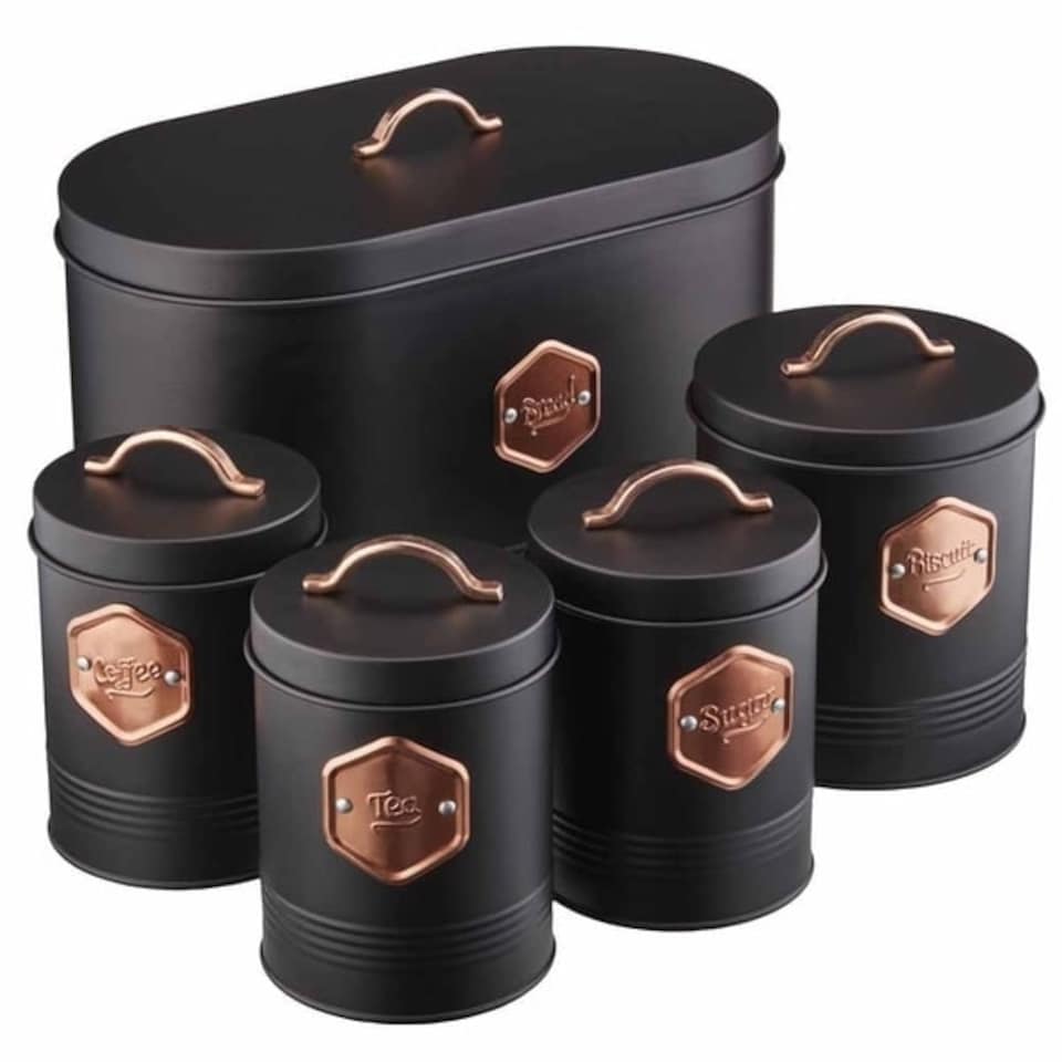 image 1 of Cooks Professional Kitchen Storage Set | 5-Piece | Bread Biscuit Tea Coffee Sugar | Black & Copper