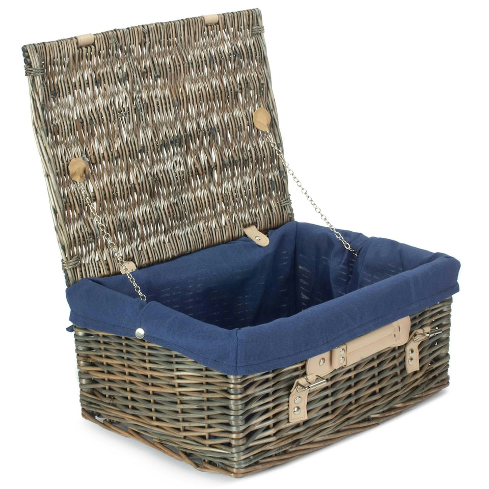 image 1 of 41cm Antique Wash Wicker Picnic Basket with Lining Blue | Blue | One Size