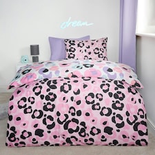 OHS Leopard Print Reversible Microfibre Duvet Cover and Pillowcase Set, Double - Pink/White