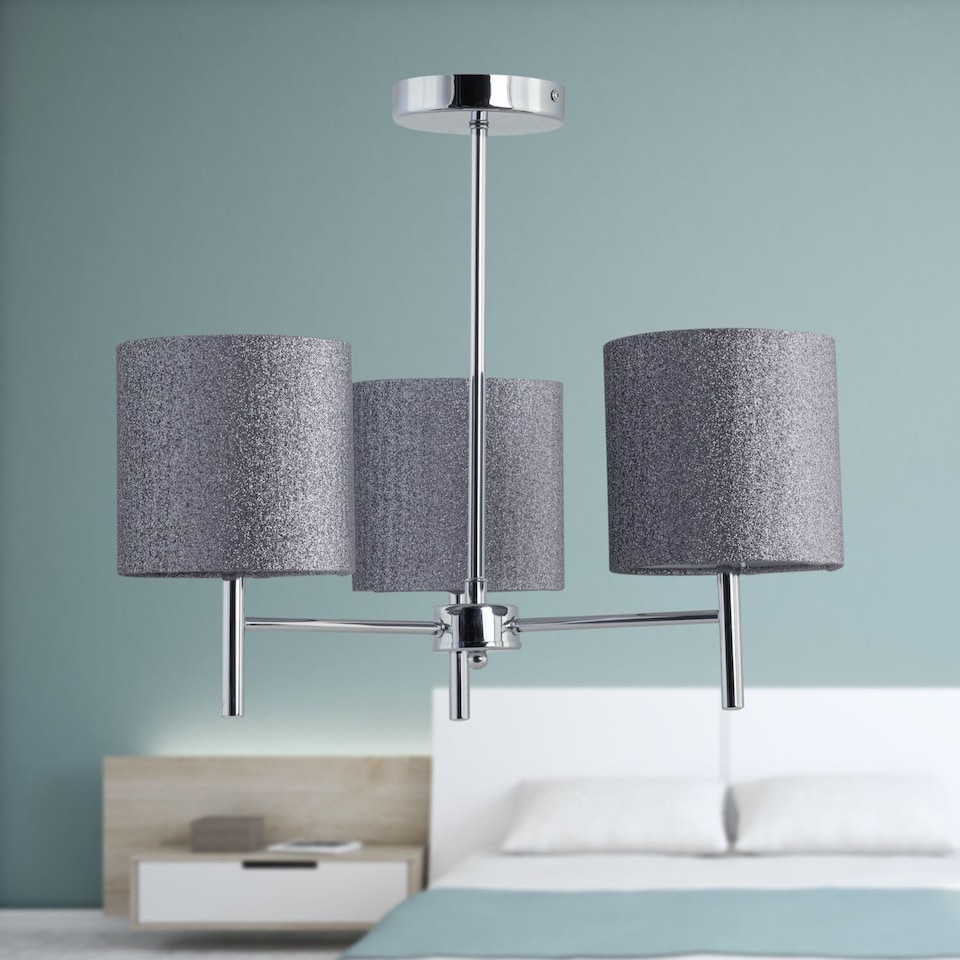 image 1 of Set of 2 Brea - Chrome Light Fittings with Silvery Grey Glitter Shades | Chrome | Grey | 2