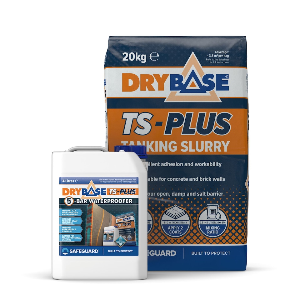image 1 of Drybase TS-PLUS Tanking Slurry (20kg & 5-Bar Waterproofer 4L) For Waterproofing Concrete & Masonry Basements, Foundations & Walls