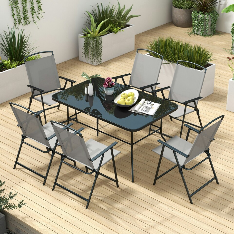 image 1 of Outsunny 7 Pieces Garden Table and Chairs with Tempered Glass Top Grey