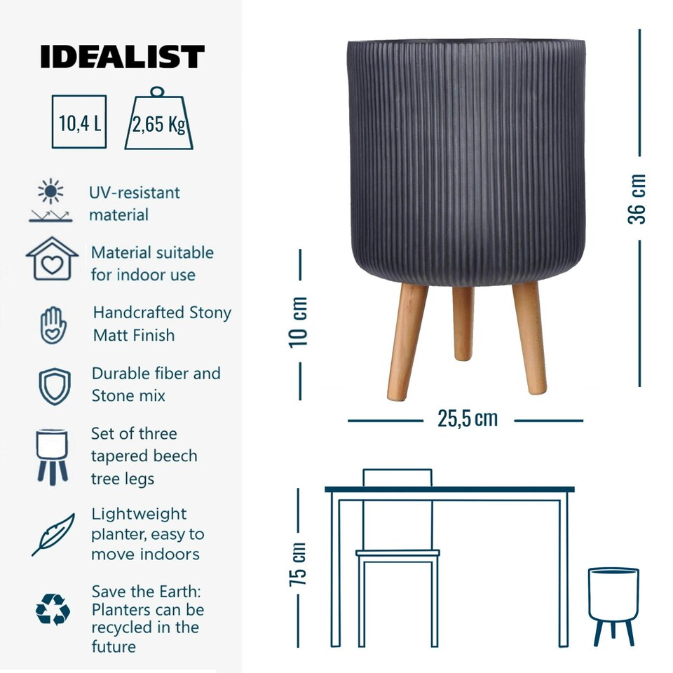 image 1 of Ribbed Black Cylinder Planter on Legs, Round Pot Plant Stand Indoor D25.5 H36 cm, 10.4 ltrs Cap.