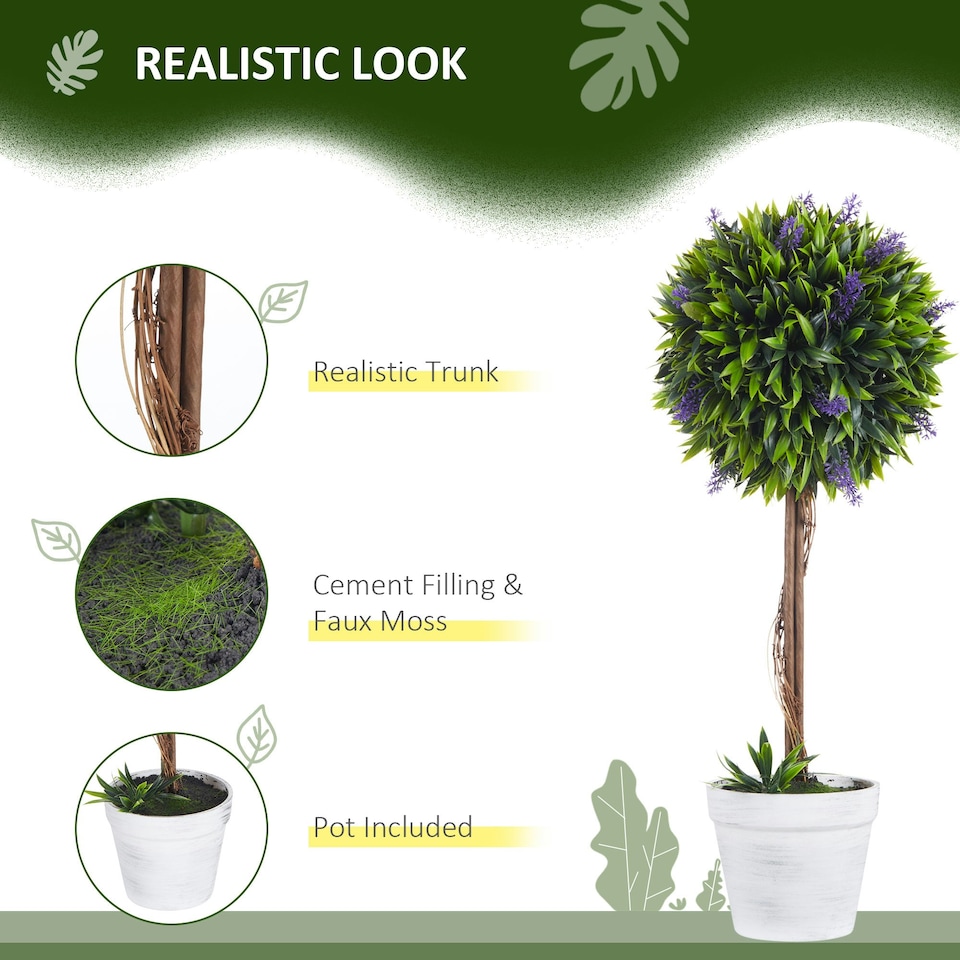 image 1 of HOMCOM Set of 2 Potted Artificial Plants Ball Tree with Lavender Flowers, 60cm