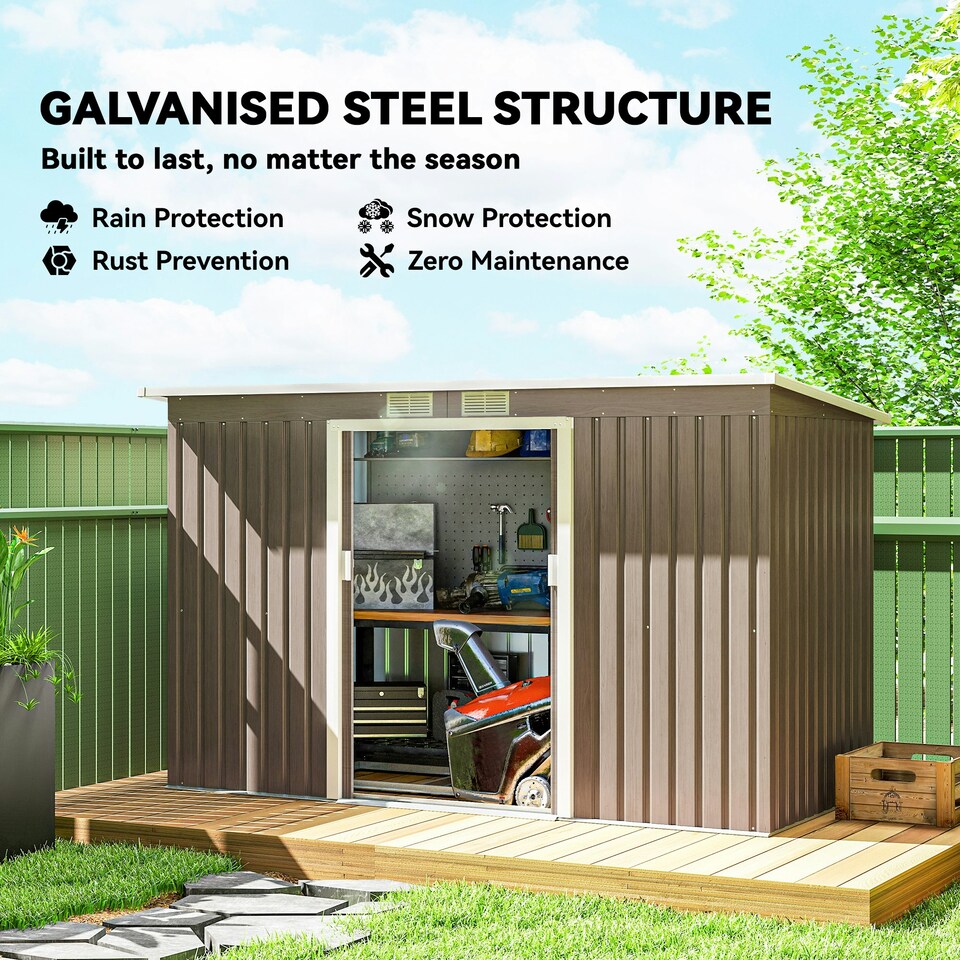 image 1 of Outsunny 9 x 4FT Metal Garden Storage Shed w/ 2 Door, Light Grey Wood Grain Grey