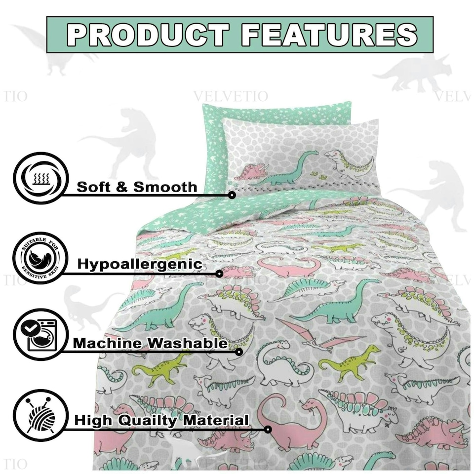 image 1 of VELVETIO Kids Dinosaur Doodle Duvet Cover Set Soft Reversible Beddings Multi | Single