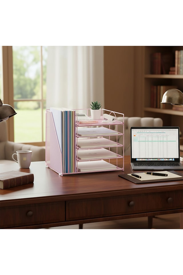 image 1 of Living and Home 5-Tier Desktop Organiser with Vertical File Sorter | Pink