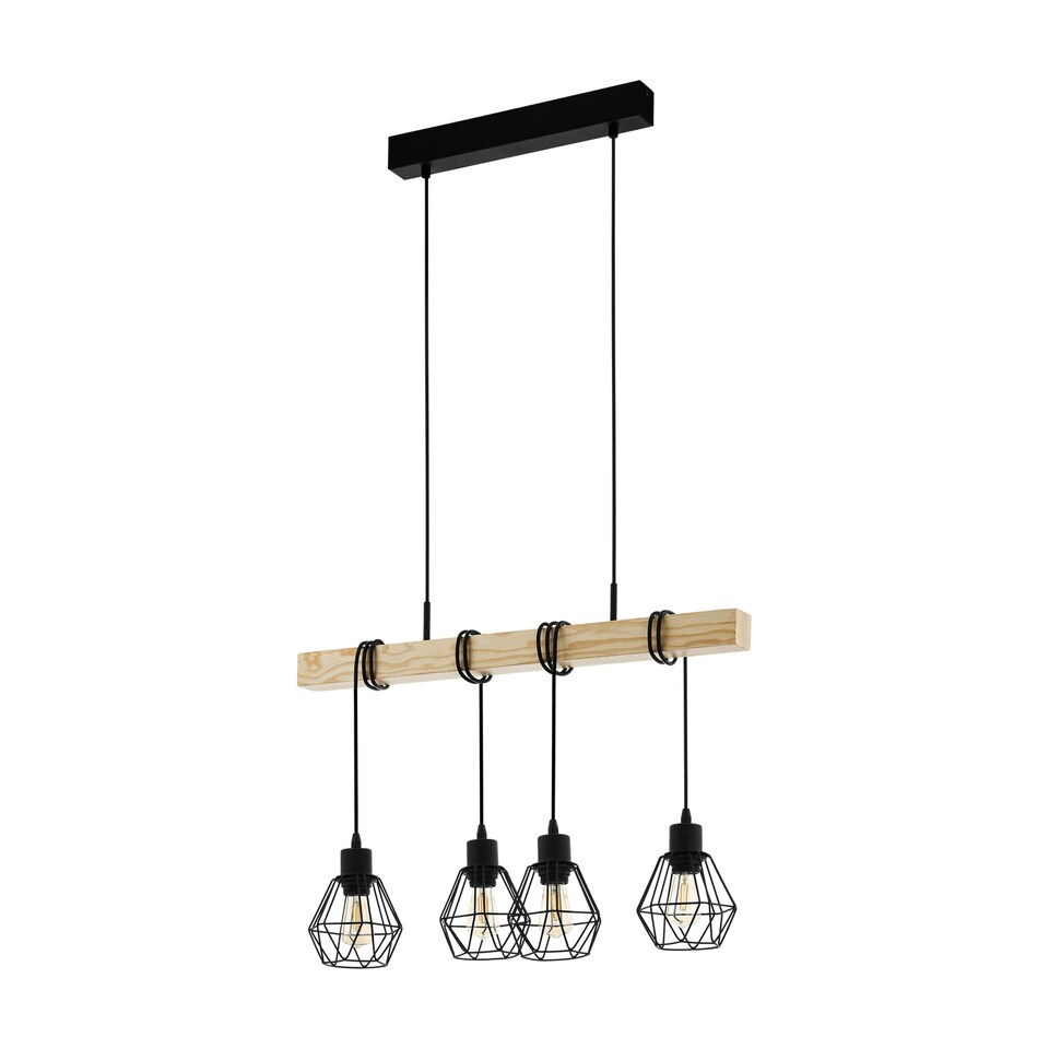 image 1 of EGLO Townshend 5 Industrial Black Metal and Natural Wood 4-Light Geometric Pendant (L) 70cm
