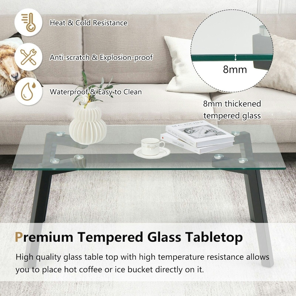 image 1 of COSTWAY Tempered Glass Coffee Table Rectangular Cocktail Table Black