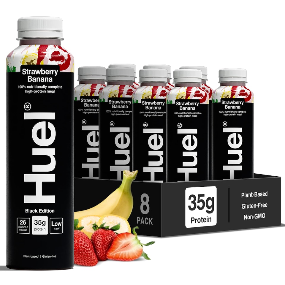 image 1 of Huel Ready-to-Drink Meal, BLACK EDITION Strawberry & Banana Protein Drink, 500ml Bottles (Pack of 8) - Protein Shakes, Pre-Portioned Meal, 35g of Protein per Bottle