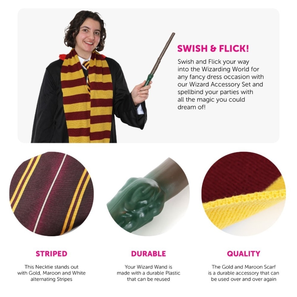 image 1 of Maroon & Gold Wizard Set - Scarf, Tie & Wand Gold | One Size