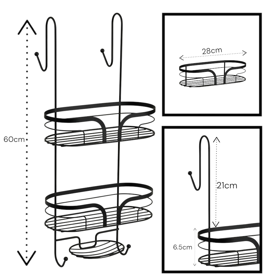 image 1 of Showerdrape Dante Black Freestanding Floor Caddy and 2 Tier Over Door Hook Shower Caddy | Black | Black | 1