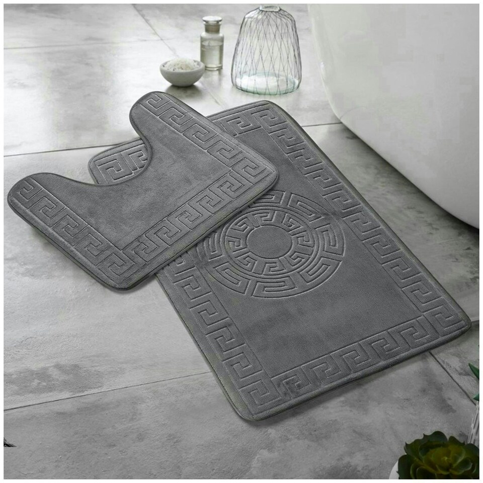 image 1 of VELVETIO Bath Mat Set Greek Pattern Anti Slip Memory Foam Toilet Rug Blue | Aqua