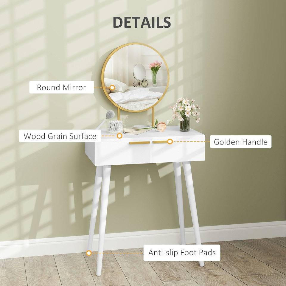image 1 of HOMCOM Modern Dressing Table w/ 2 Drawers Round Mirror for Bedroom White White