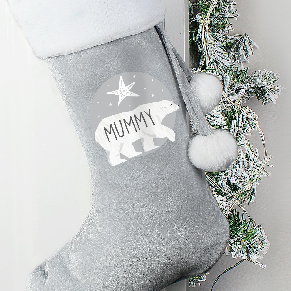 image 1 of Personalised Polar Bear Luxury Silver Grey Stocking