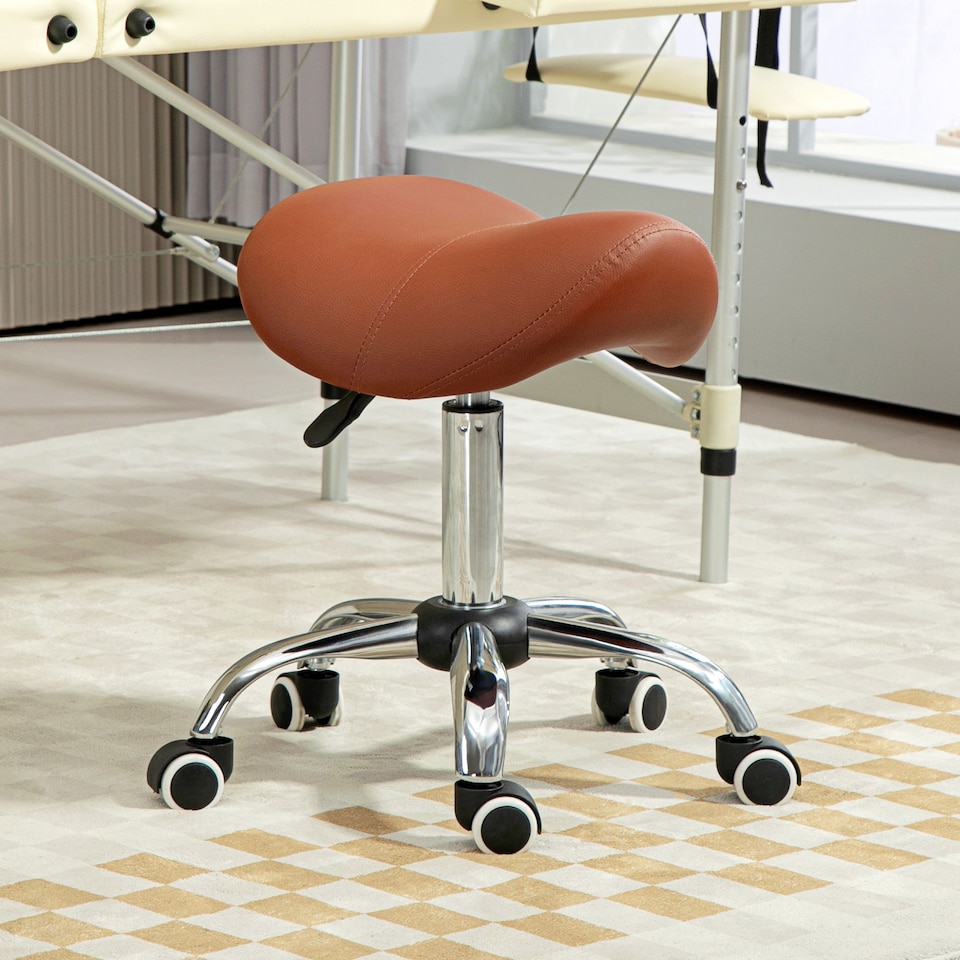 image 1 of HOMCOM Cosmetic Stool 360 Rotate Height Adjustable Salon Massage Spa Chair Hydraulic Rolling Faux Leather Saddle Stool Mobility, Brown