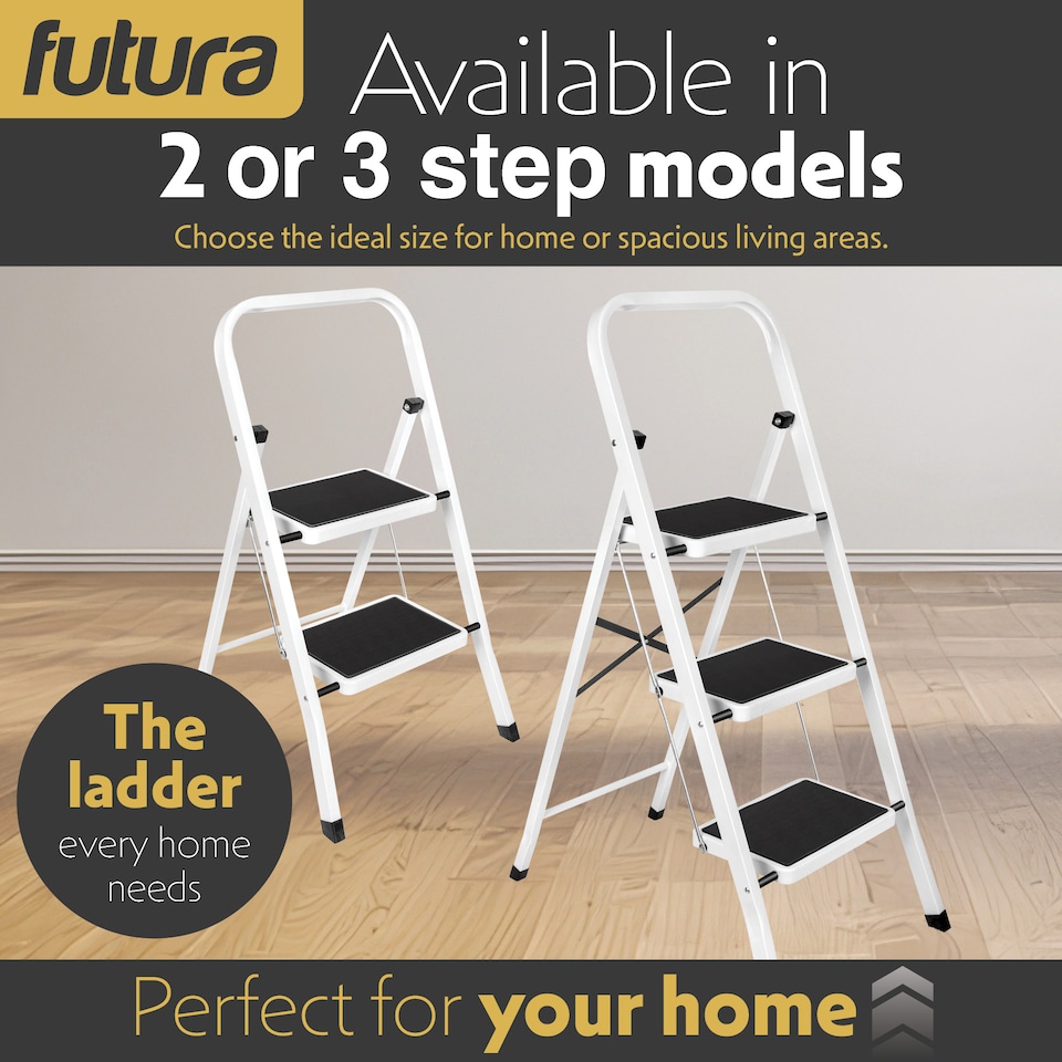 image 1 of Futura 3 Step Ladder White, Heavy-Duty Steel Folding Home DIY Step Stool with Wide Non-Slip Steps & Anti Slip Feet 150kg Capacity