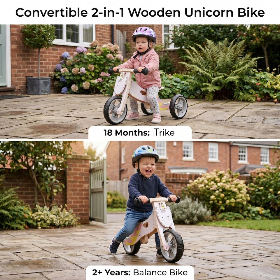 image 1 of Hooga 2-in-1 Balance Bike - Wooden Trike for Kids - Unicorn
