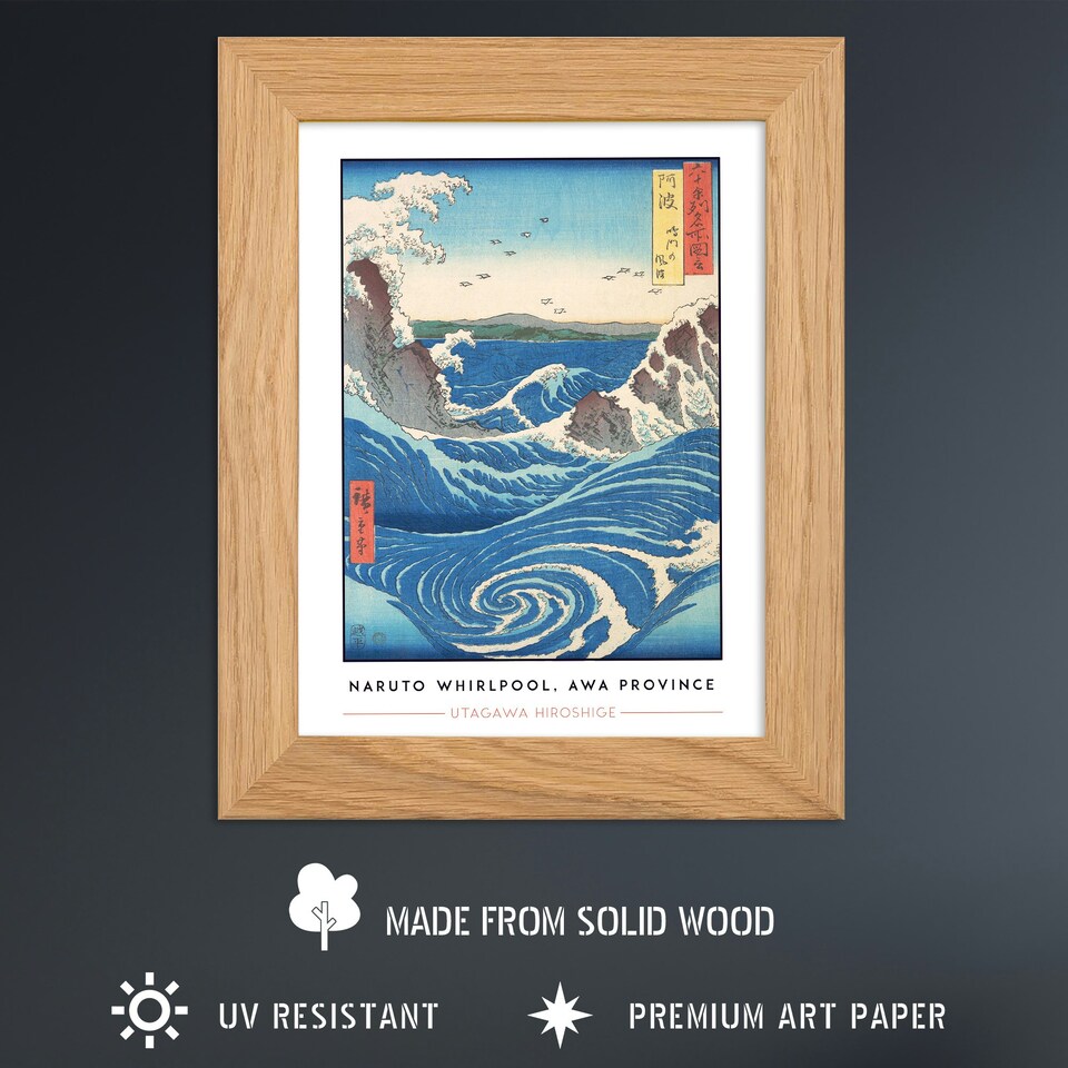 image 1 of Utagawa Hiroshige Naruto Whirlpool Awa Province Art Oak Wood Framed Wall Print | Blue