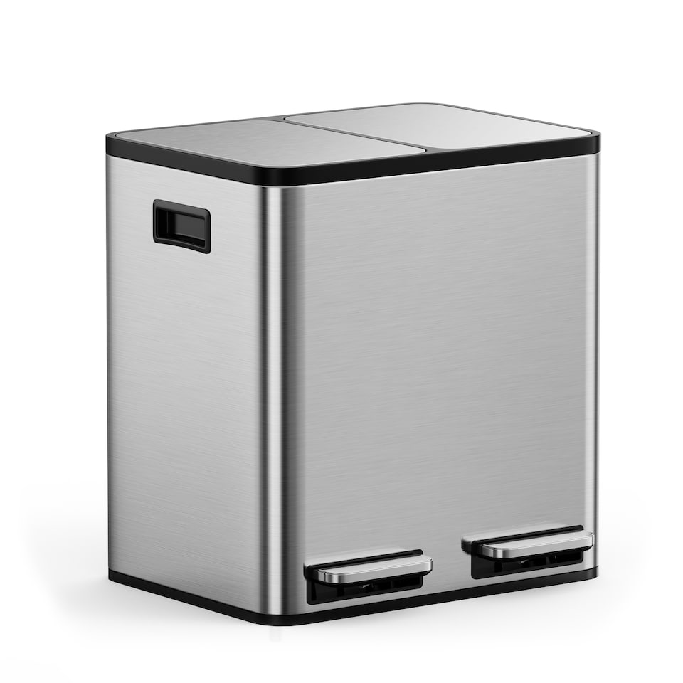 image 1 of VonHaus Cream 30L Waste & Recycling Kitchen Bin, 2 x 15L Compartment Stainless Steel Pedal Bin w/ Non Slip Base, Removable In-Bins | Chrome | Stainless Steel | 45L