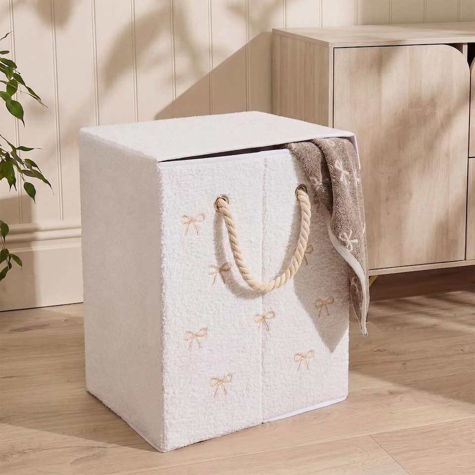 image 1 of OHS Bow Print Boucle Laundry Basket Folding Hamper Bag with Lid