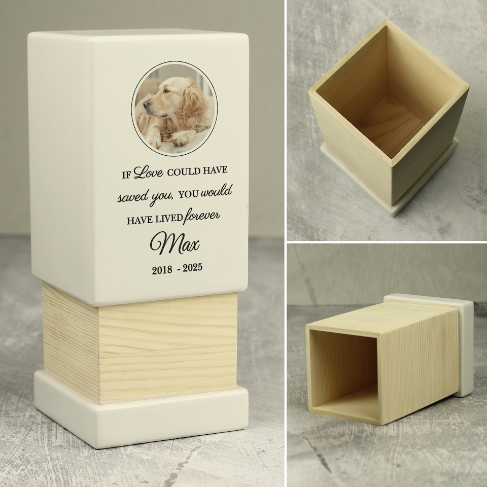 image 1 of Personalised Pet Photo Upload Small Wooden Urn