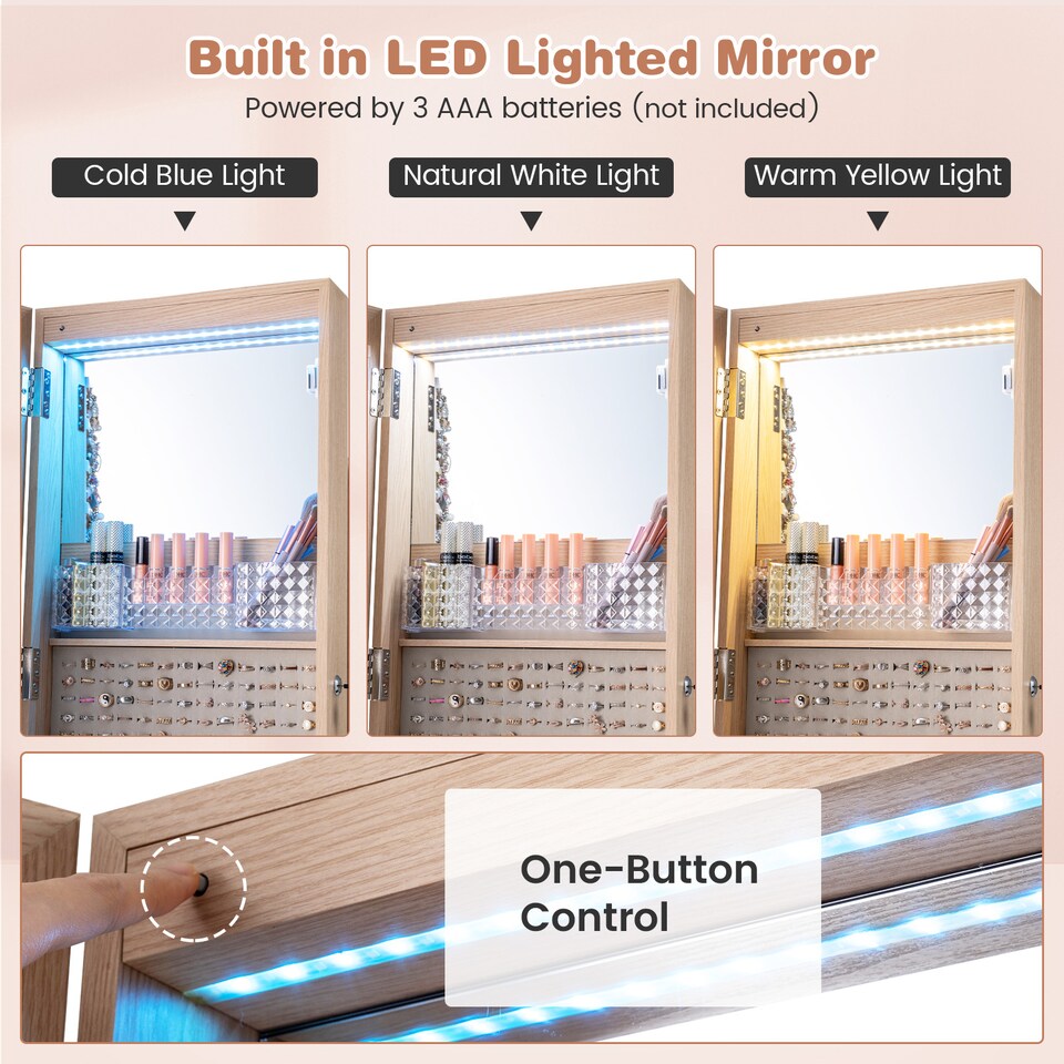 image 1 of COSTWAY 3-in-1 Jewelry Cabinet 360° Swivel Mirror Jewelry Armoire-Natural
