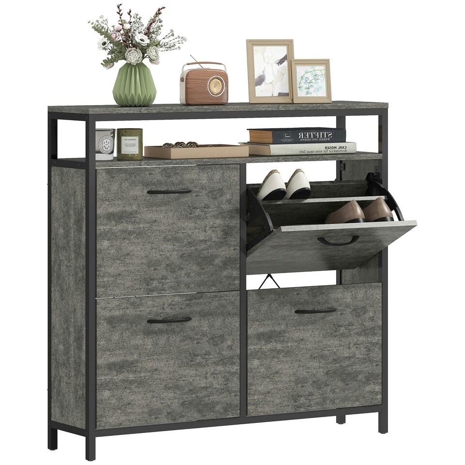 image 1 of HOMCOM Shoe Cabinet with 4 Flip Drawers, Holds 12-20 Pairs Brown | 98W x 24D x 95H cm