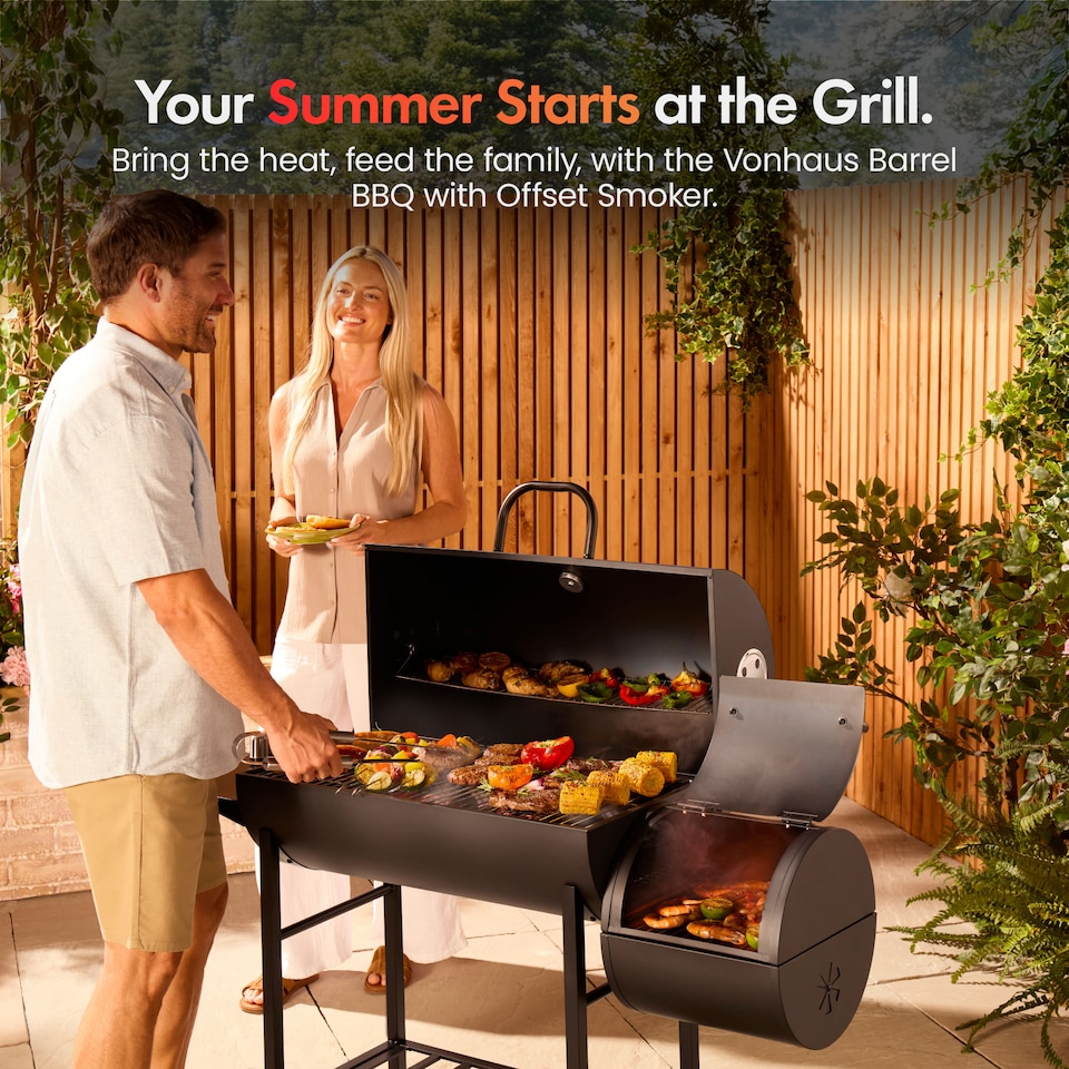 image 1 of VonHaus Charcoal BBQ, Barrel Barbecue with Offset Smoker