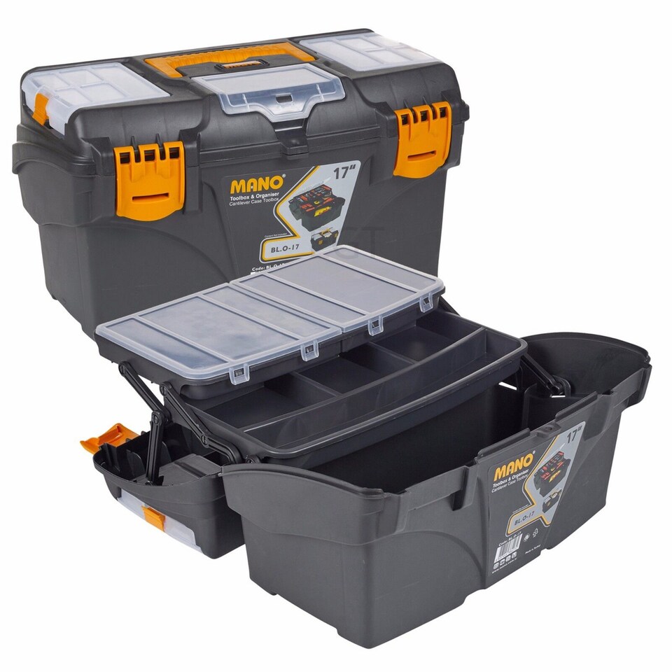 17 Cantalever Large Plastic Tool Box Lockable Storage - Tesco
