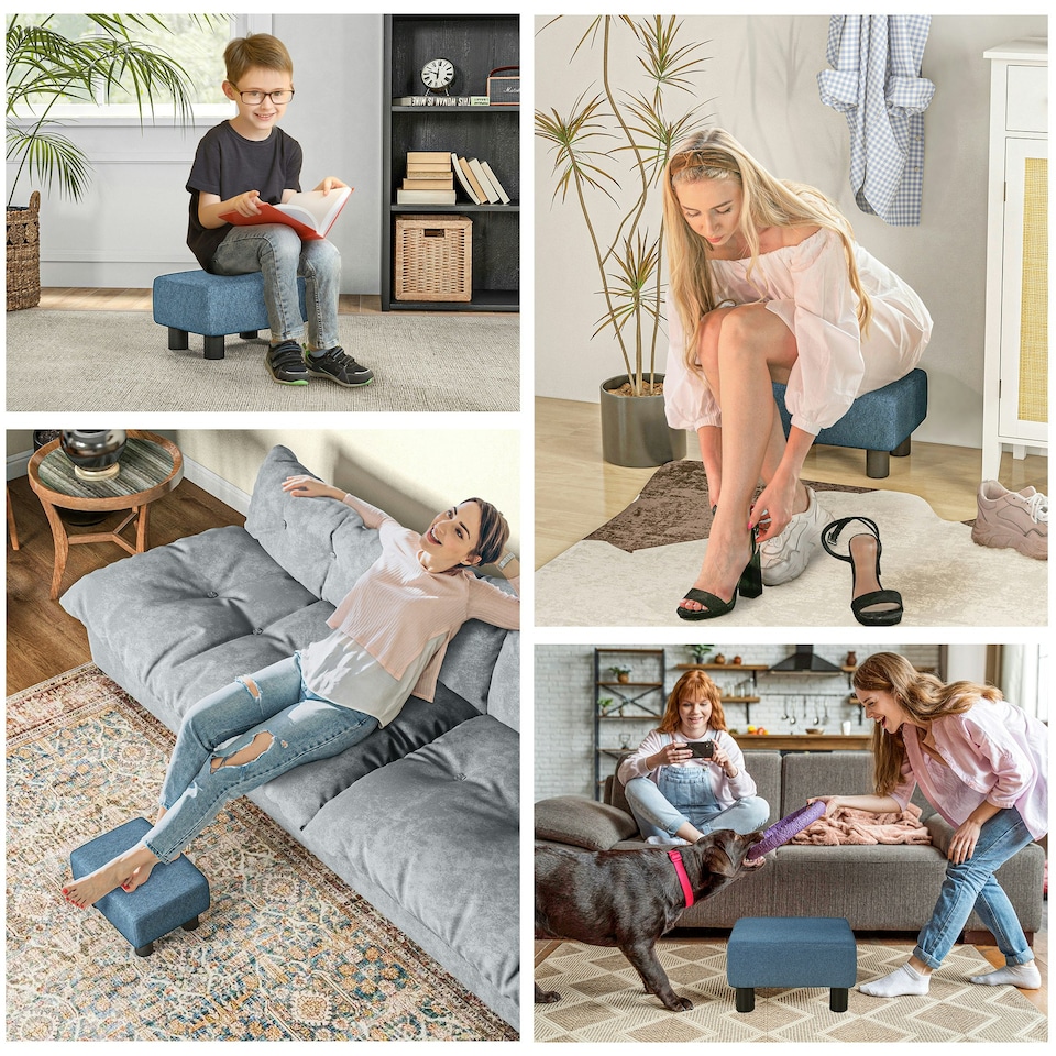 image 1 of HOMCOM Chic Linen Fabric Footstool Ottoman Cube with 4 Plastic Legs Blue