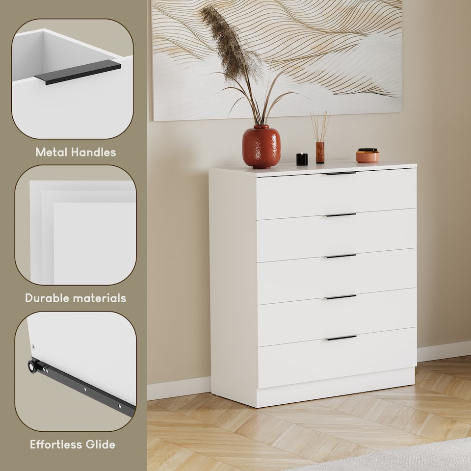 image 1 of Vida Designs Trega 5 Drawer Chest of Drawers Bedroom Clothing Organiser Storage Unit - White