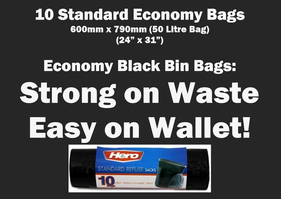 image 1 of Hero 50L Black Bin Bags – Strong Heavy Duty Rubbish Sacks | Tear-Resistant Waste Liners for Kitchen, Home, Office & Garden – 10 Bags