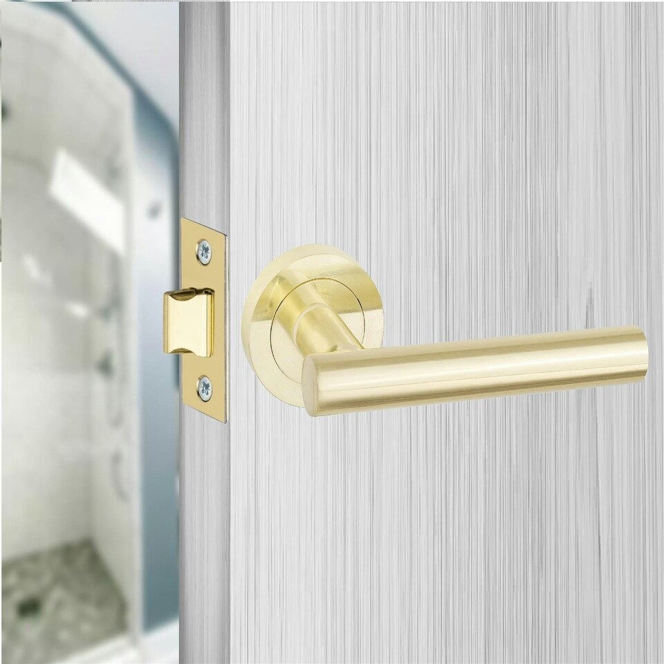 image 1 of Golden Grace Straight T-Bar Design Thumbturn Door Handles Set in Satin Brass Euro Lock 70mm Grey