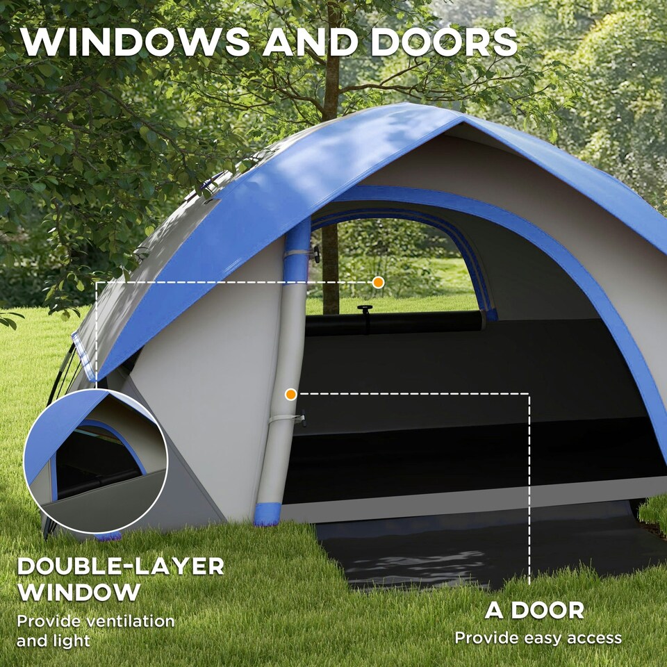 image 1 of Outsunny 2 Man Camping Tent w/ Sewn-in Groundsheet, 3000mm Waterproof, Blue Grey | Grey and Dark Blue | 210L x 150W x 110Hcm