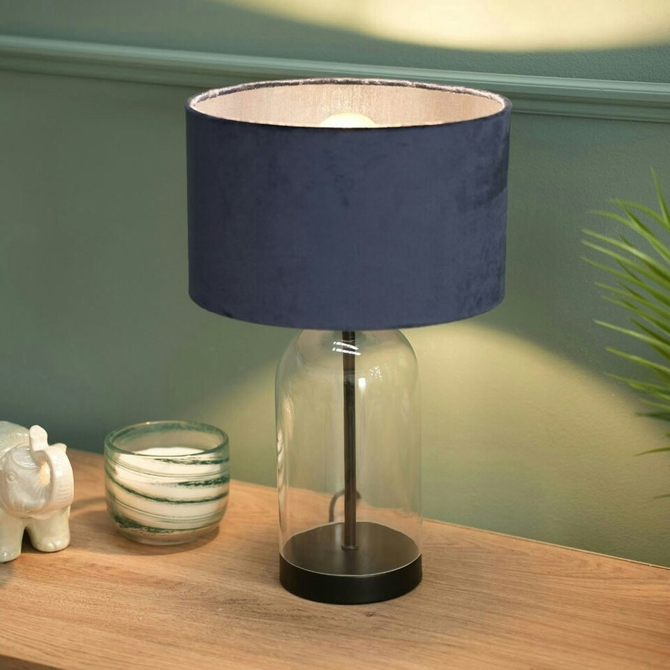 image 1 of ValueLights Jessy Glass and Black Metal Bedside Table Lamp with a Navy Blue Velvet Lampshade - Bulb Included Blue
