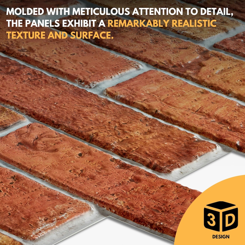 image 1 of NOVECRAFTO 3D Vintage Rustic Wall Panels – 6 PVC Sheets, Covers 2.76 sqm (29.76 sq ft), 96x48cm Each – Decorative Brick Effect Cladding in Rustic Style