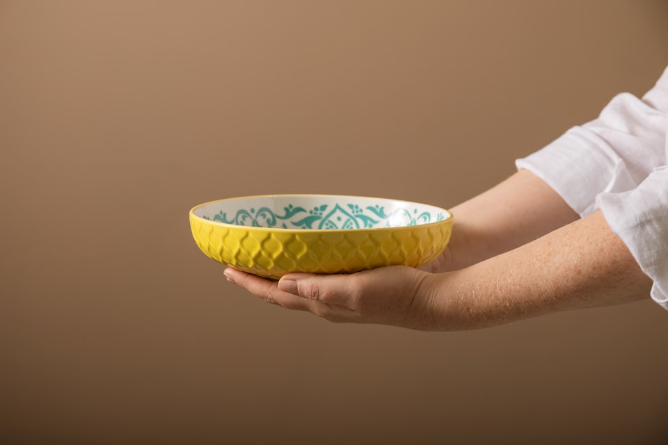 image 1 of Mikasa Set of 4 Yellow and Blue Geometric Stoneware Pasta Bowls