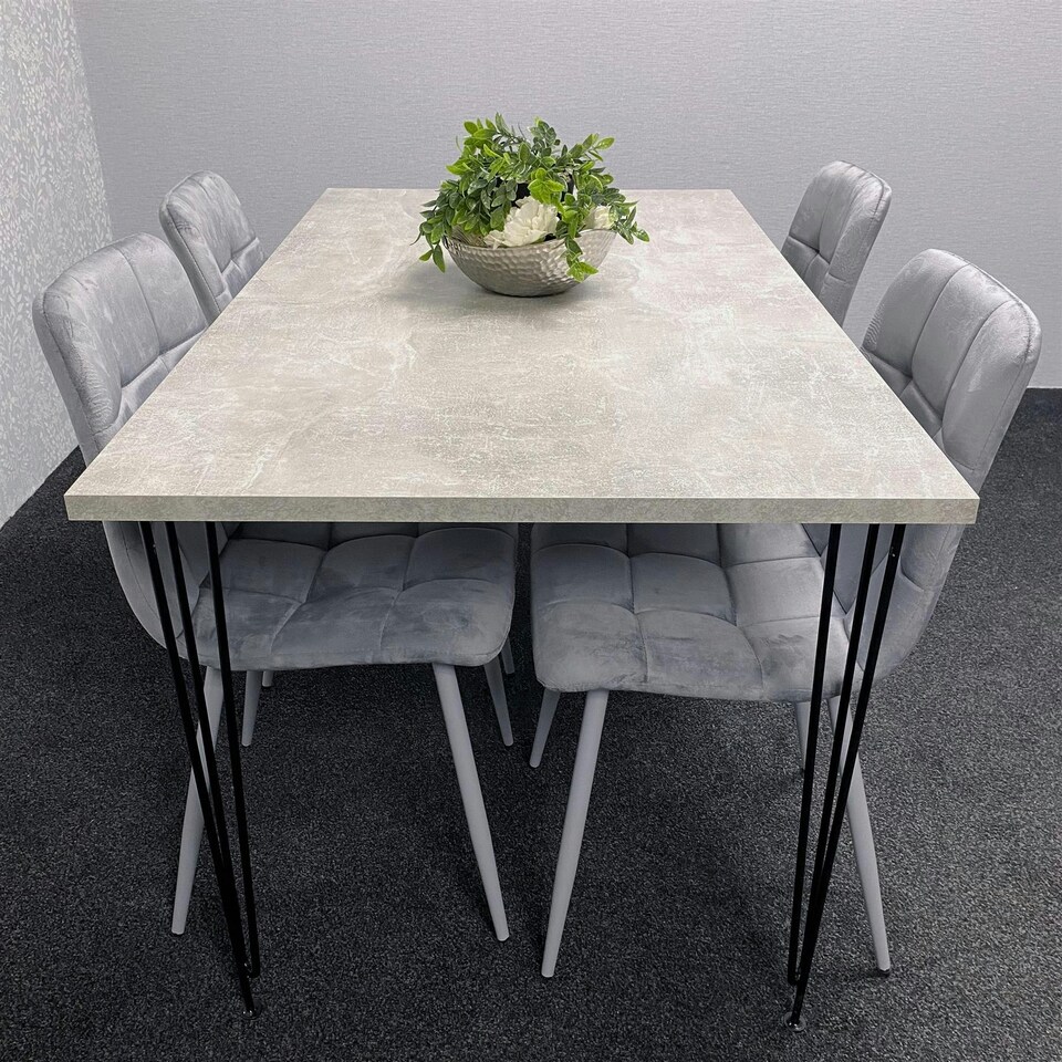 image 1 of Grey Dining Table with Hairpin Legs & 4 Grey Velvet Chairs Set for Kitchen & Dining Room Grey