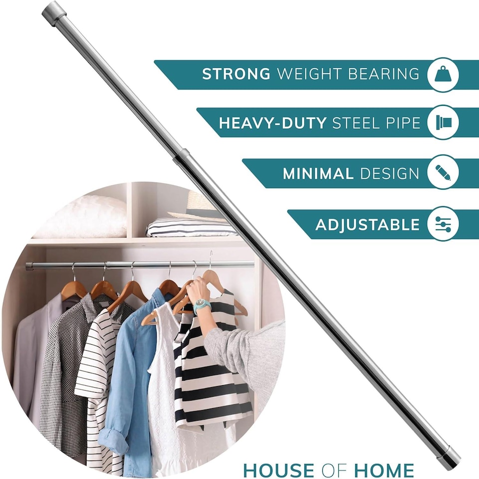 image 1 of House of Home Extendable Wardrobe Pole 70-123CM Adjustable Rail Hanger Steel Heavy Duty Easy Assemble | Chrome