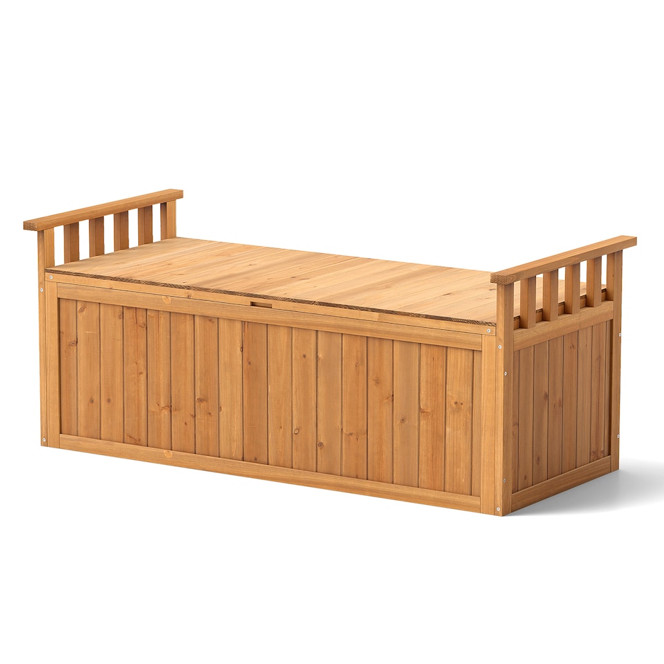 image 1 of COSTWAY Outdoor Wood Storage Bench 209 L Large Storage Deck Box w/ Armrests