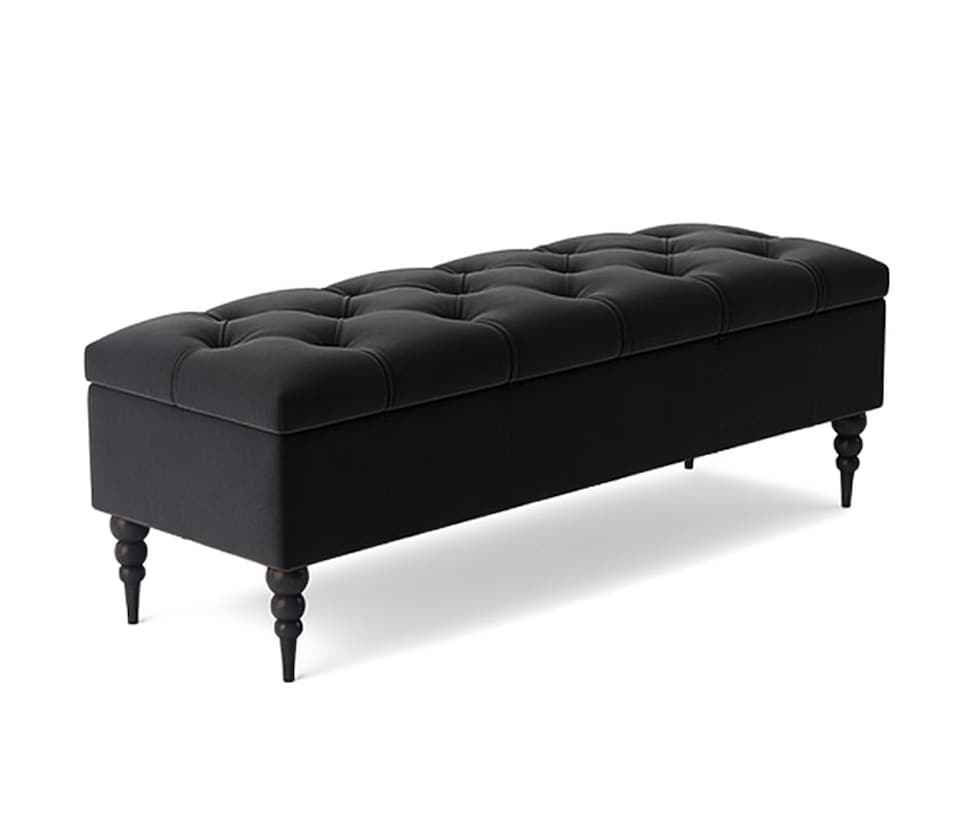 image 1 of 90cm Safar Ottoman bench with Storage and Turned Wooden Legs- Plush Velvet Shoes Bench - Black Chesterfield Storage Bench