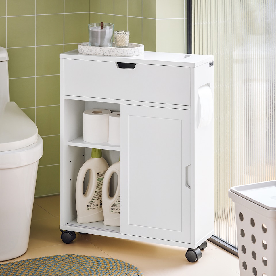 image 1 of SoBuy BZR31-W,Slim Bathroom Cabinet on Wheels with Sliding Doors | White | White | 1