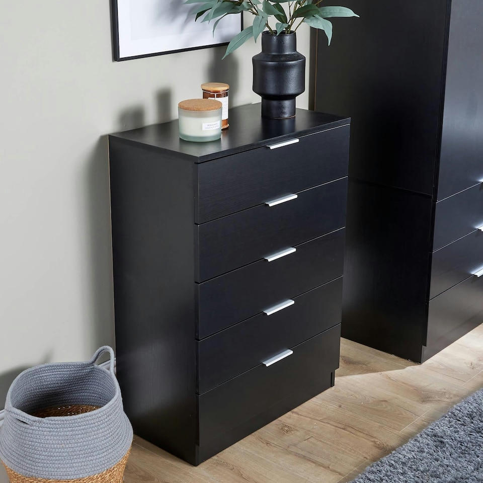 image 1 of Chest Of 5 Drawers Bedroom Furniture Clothing Storage Organiser Unit Black | 6 Drawers
