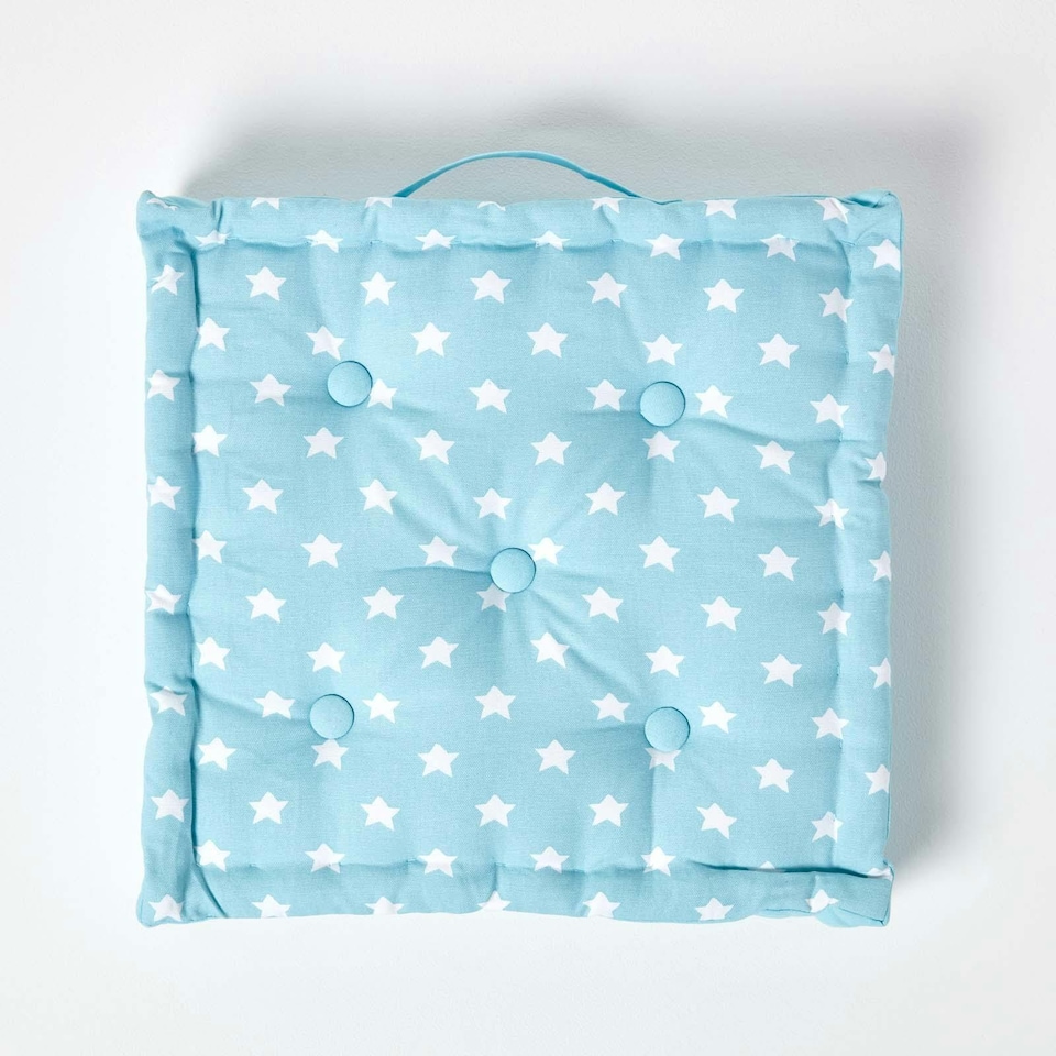image 1 of Homescapes Cotton Blue Stars Floor Cushion - 40 x 40 cm | Blue | 40 x 40 cm