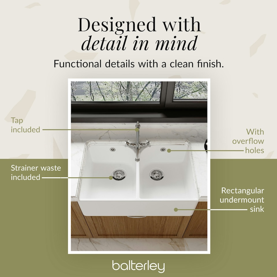 image 1 of Fireclay Double Bowl Butler Kitchen Sink - 795mm with Tap Hole, Weir & Waste - Ceramic Belfast Style Kitchen Sink
