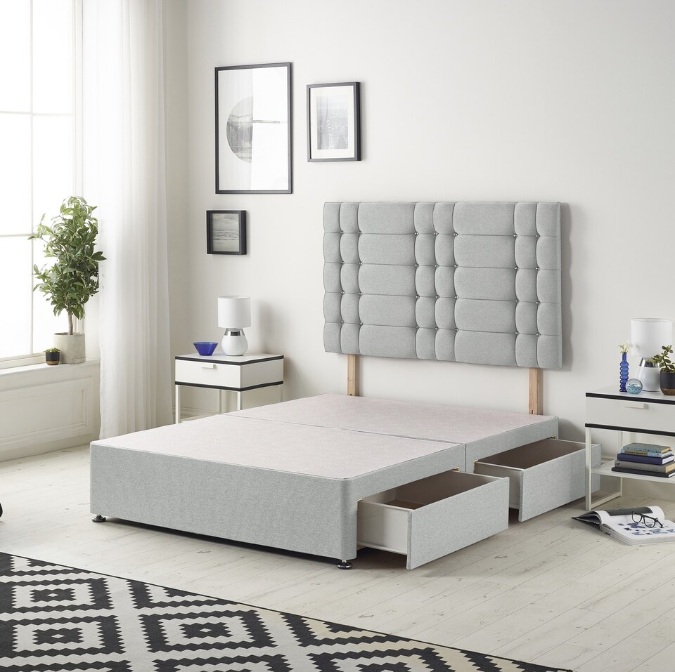 image 1 of Astoria Divan Bed Base with 2 Drawers & 30 Inch Diamante Headboard in Linen Fabric | Grey | Sage | Small Single