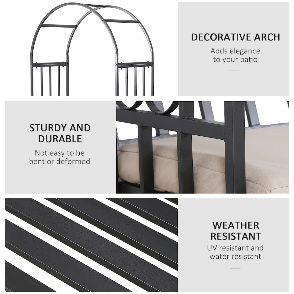 image 1 of Outsunny Garden Arbor Arch Metal Bench Padded Seat Outdoor Decoration