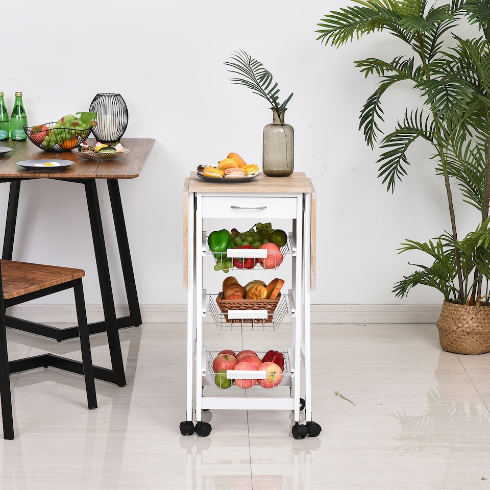 image 1 of HOMCOM Drop-Leaf Kitchen Cart Trolley w 3 Baskets Drawer Surface Top 6 Universal Wheels Rolling Storage Unit Kitchen Home Dining Island White Oak Tone
