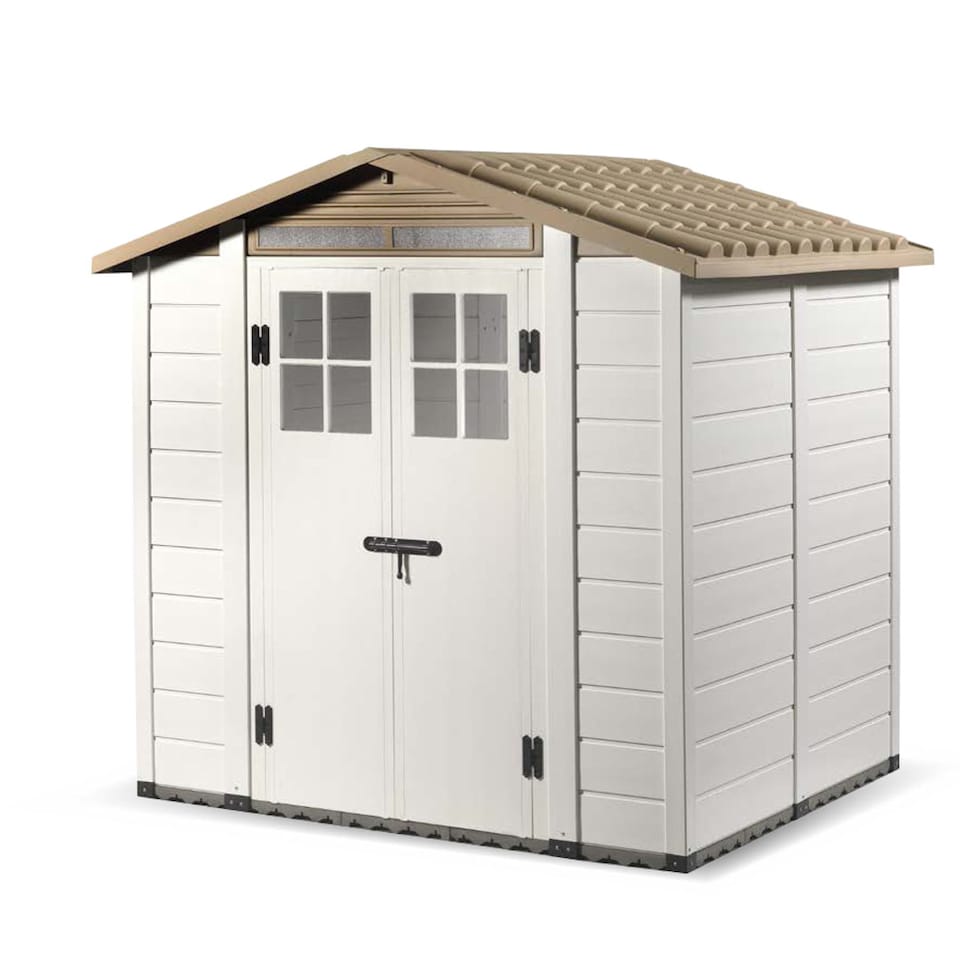 image 1 of Tuscany Evo 6'6inch x 5'4inch 200 Apex Plastic Shed Double Door with Two Perspex Windows | White